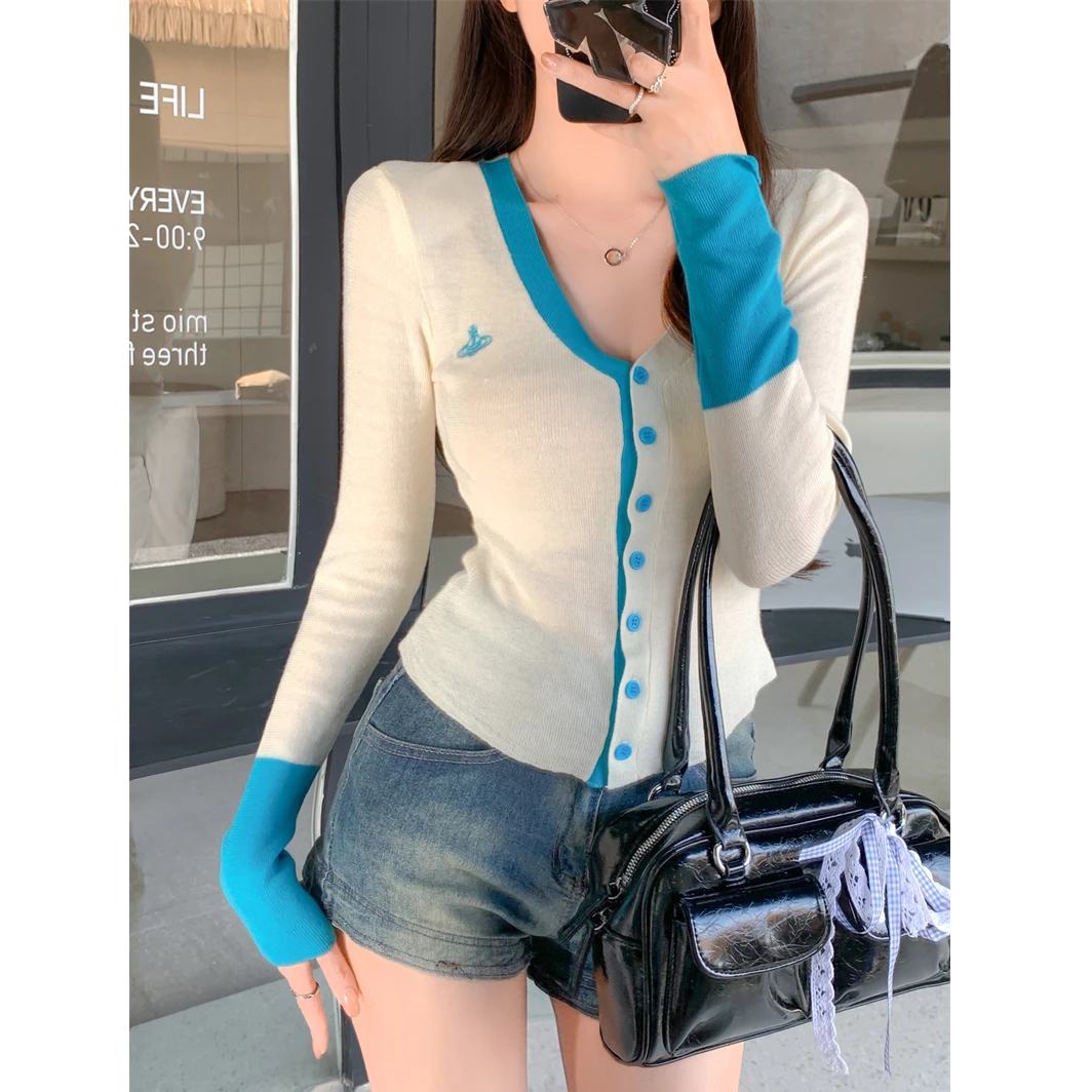 春季小众新款修身显瘦V领撞色长袖针织开衫女上衣