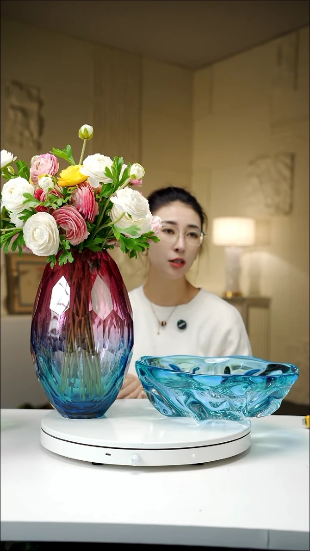 手工艺品琉璃H*J金红蓝切面花瓶+宝石蓝设计款果盘