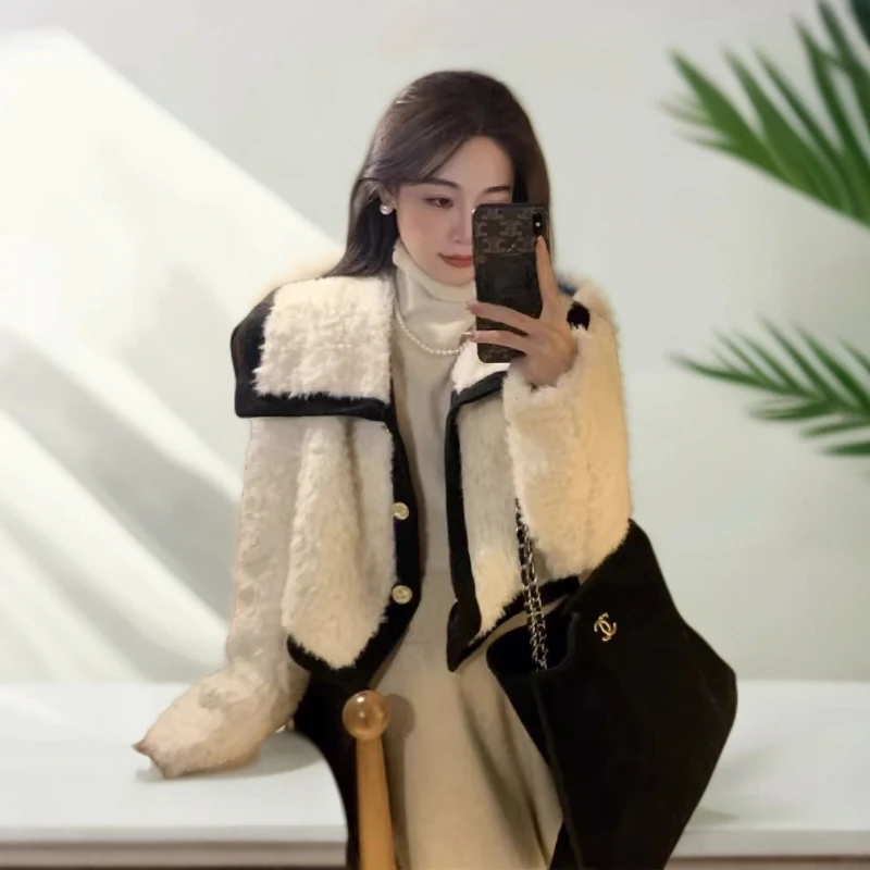 偏汐小香风毛外套女撞色小个子冬季加厚气质娃娃领毛毛短款上衣潮