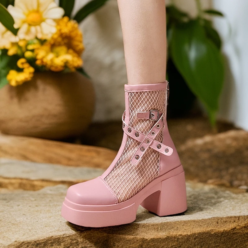 透气后拉链马丁靴单靴英伦厚底高跟高帮镂空马丁靴女女鞋网面