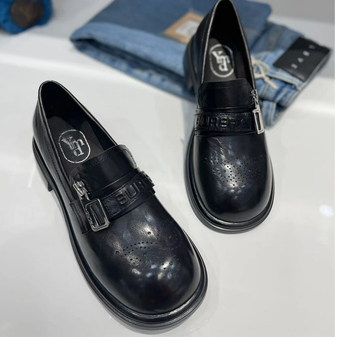 [大韩韩]早春129-1胎牛皮圆头重工气质百搭时尚英伦单鞋乐福鞋