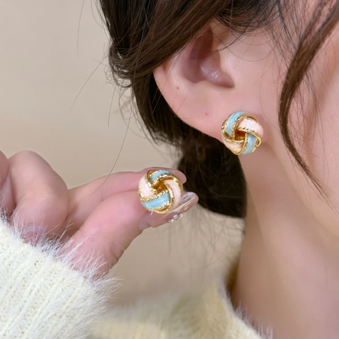 铜合金耳饰 时尚法式气质彩色滴釉花结耳钉