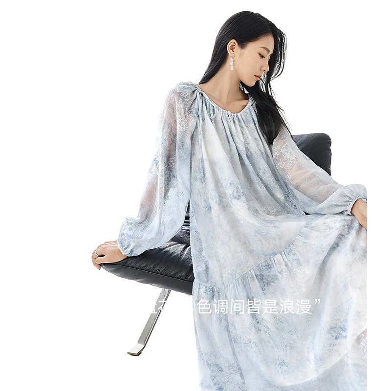 对白新中式串珠印花连衣裙款莱赛尔宽松轻薄度假长裙DYZB-FDQ170
