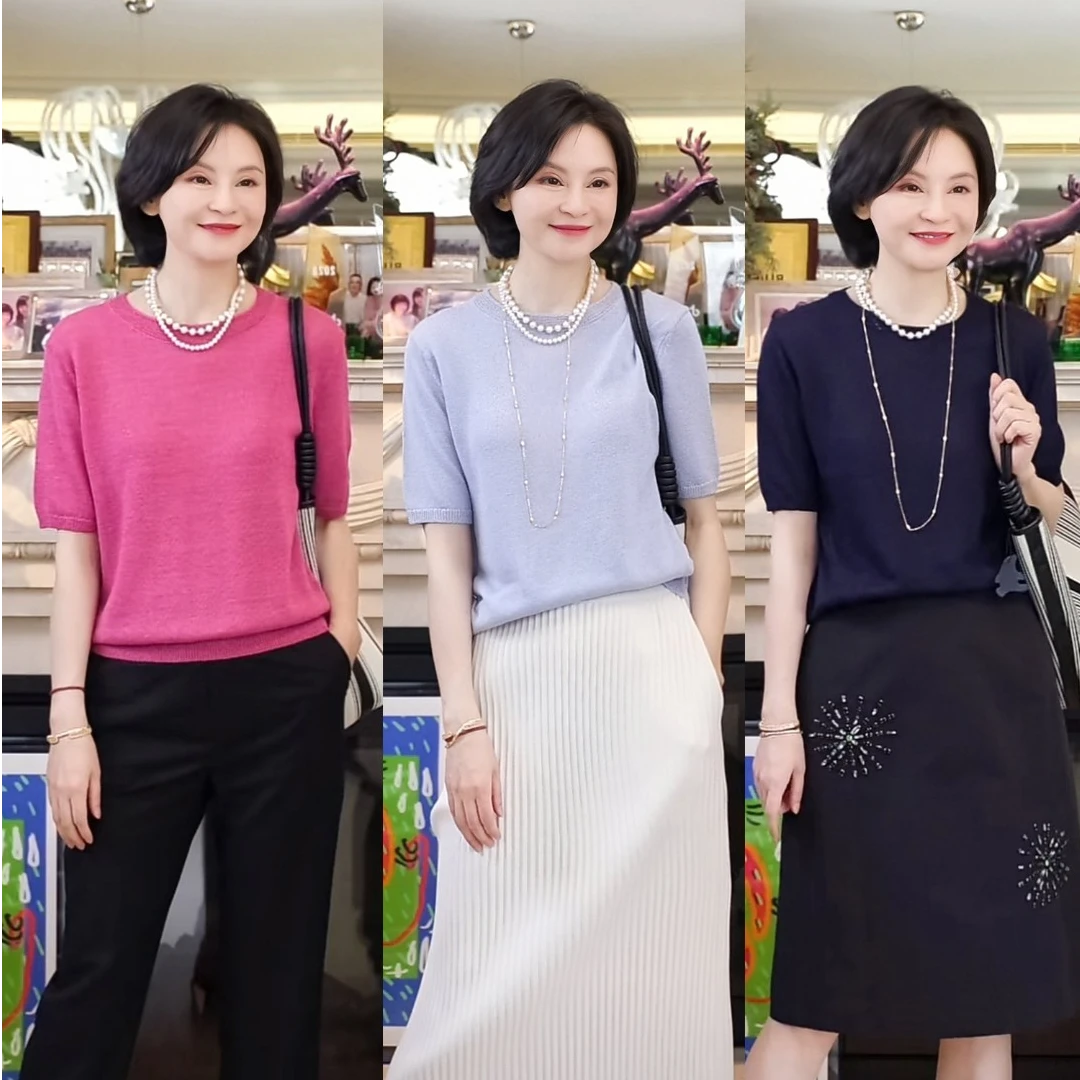 RuienCo.夏日冰淇淋 和纸纱清爽舒适圆领短袖宽松镂空针织衫