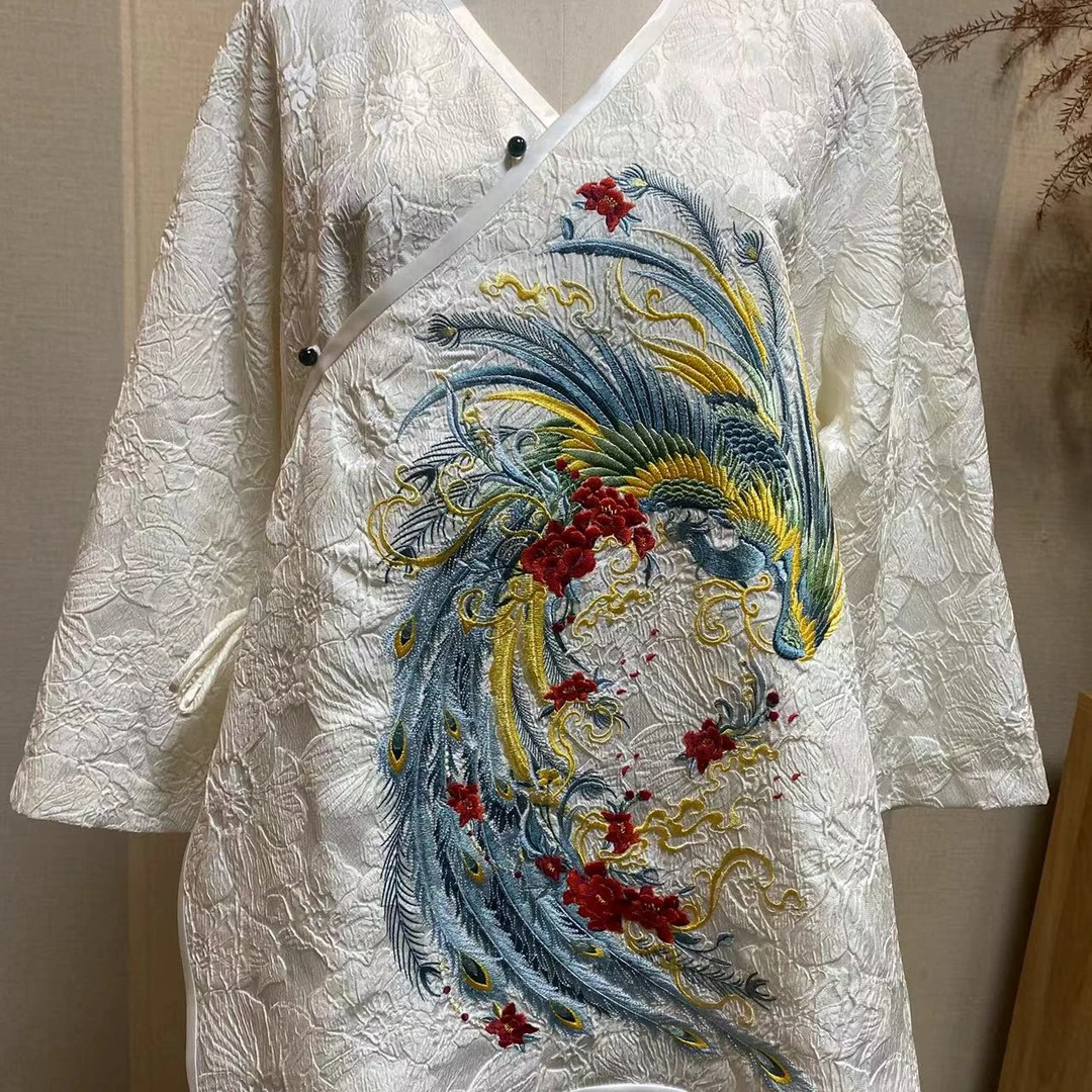 凤啦兮私人定制白色提花底蓝白孔雀斜襟系带白包边上衣LS535-5