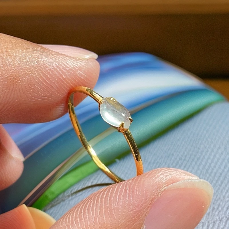 18K金天然翡翠A货-直臂冰随形戒指K黄780