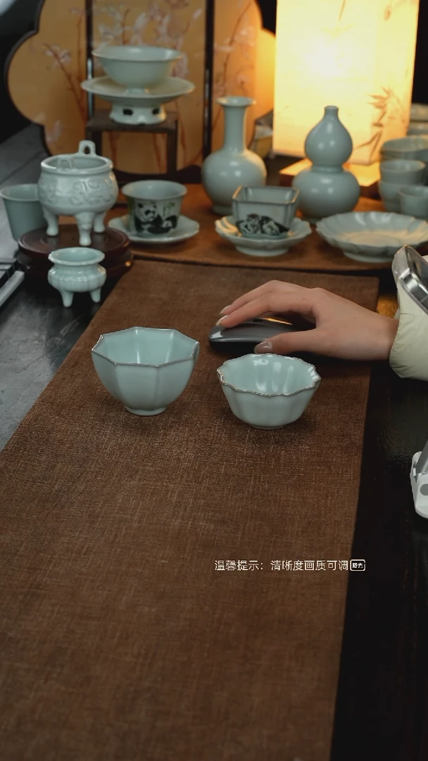 汝窑八方杯牡丹杯一对