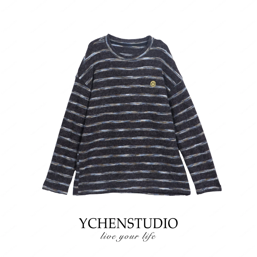 YC2【梵高】冬季新款圆领时尚条纹刺绣笑脸百搭打底衫X105