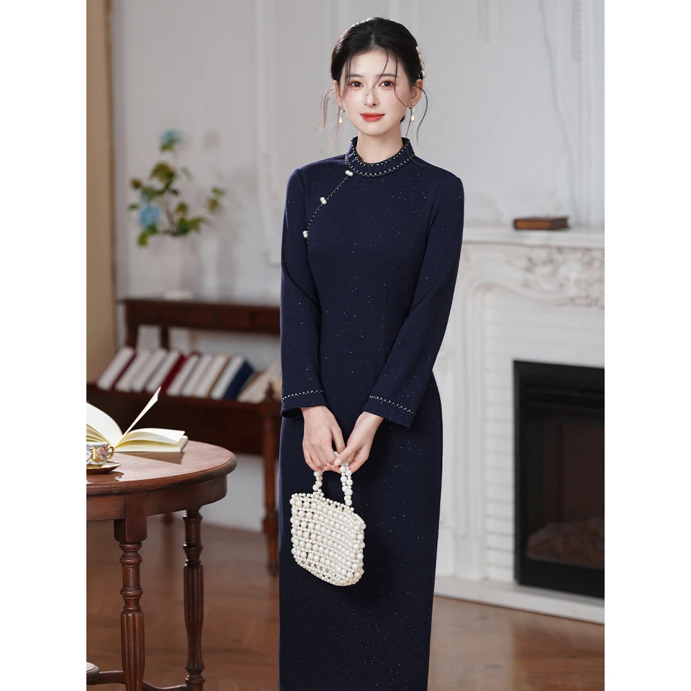 藏青复古新中式长袖旗袍女2025冬新款保暖加绒改良日常可穿年轻款