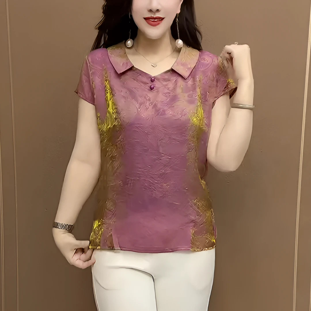 2025新款宽松休闲百搭女装金变色娃娃领中老年妈妈夏款短袖T恤衫