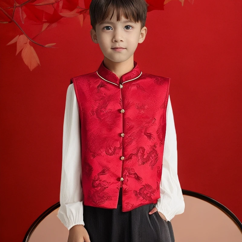男童新中式唐装马甲2025新年儿童国风立领龙纹印花夹棉背心拜年服