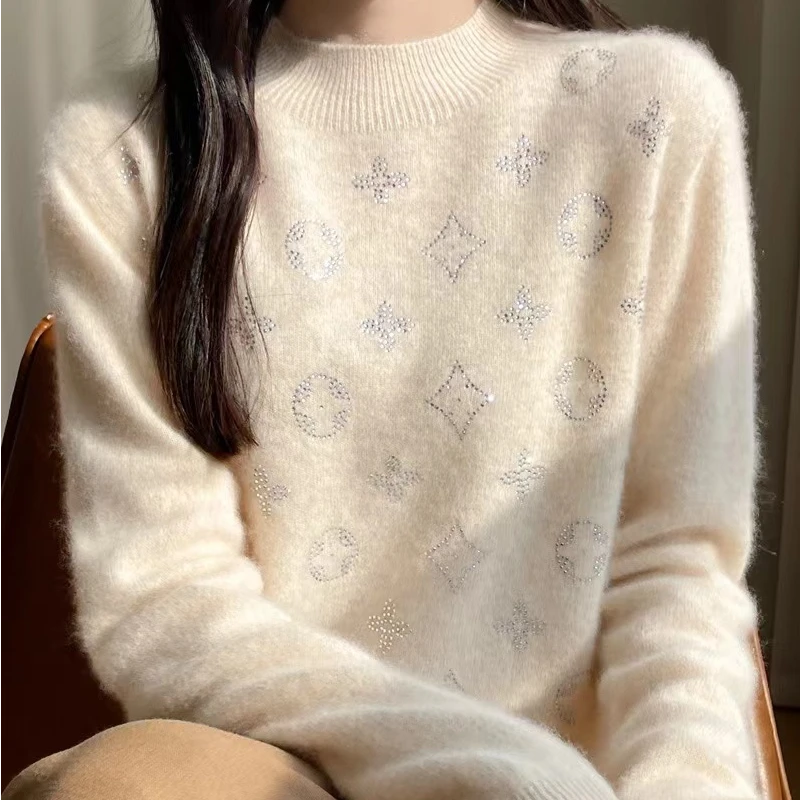 纯羊毛一线成衣半高领四叶草烫钻长袖保暖上衣D418