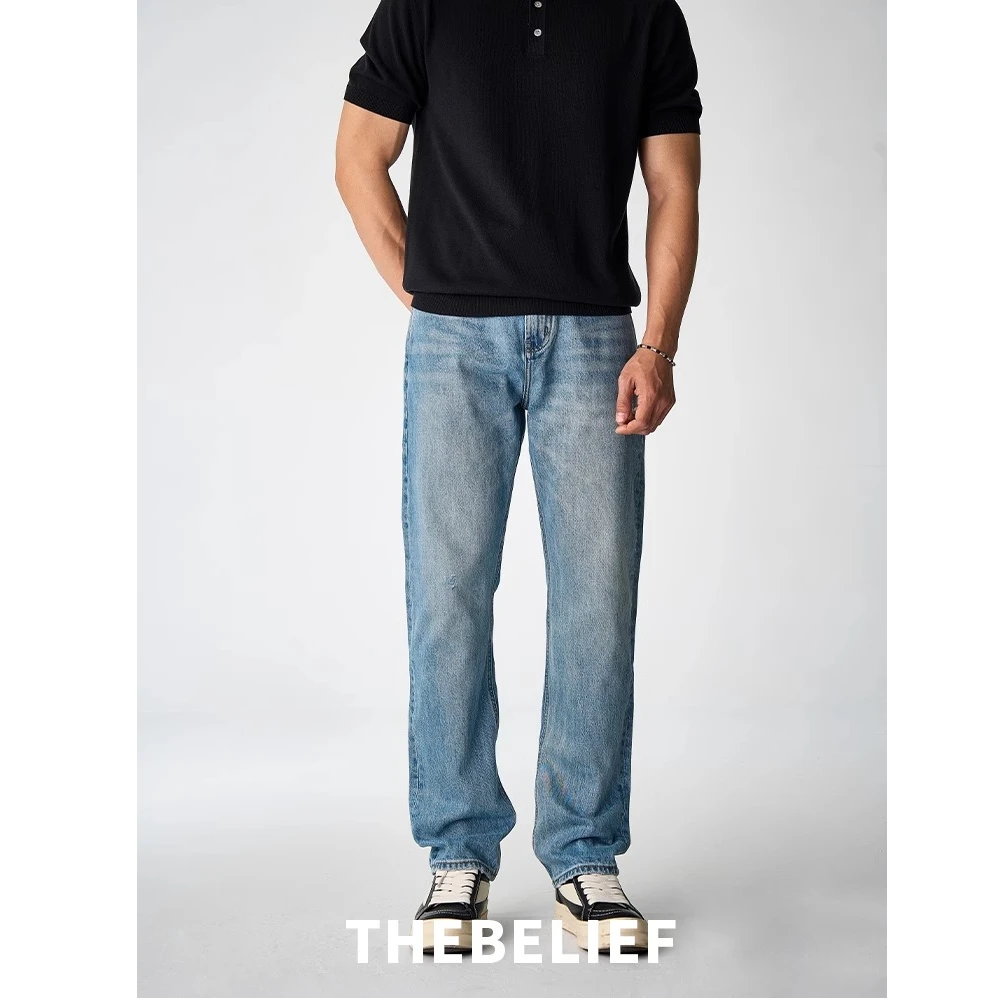 24811#美式复古高街水洗做旧天空蓝cleanfit休闲宽松直筒牛仔裤男