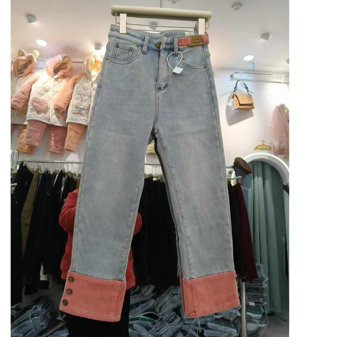 5367#秋冬新款时尚百搭加绒九分拼接烟管牛仔裤