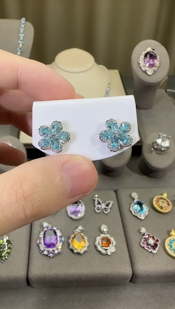 银S925镶嵌磷灰石耳钉11mm耳钉简约款