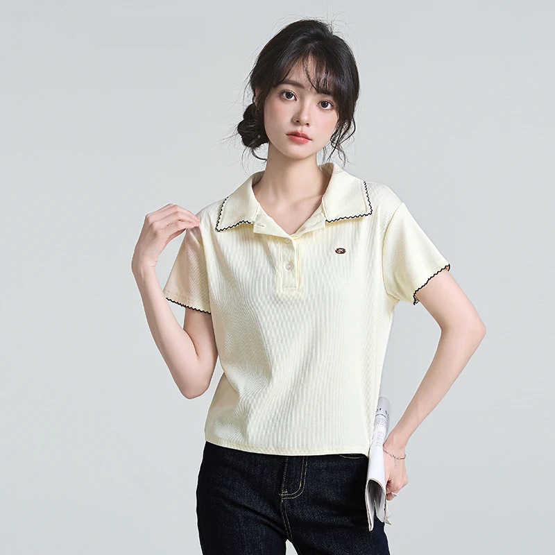 帛卡琪polo领花边袖口短袖T恤女2025夏季新款韩系修身通勤上衣