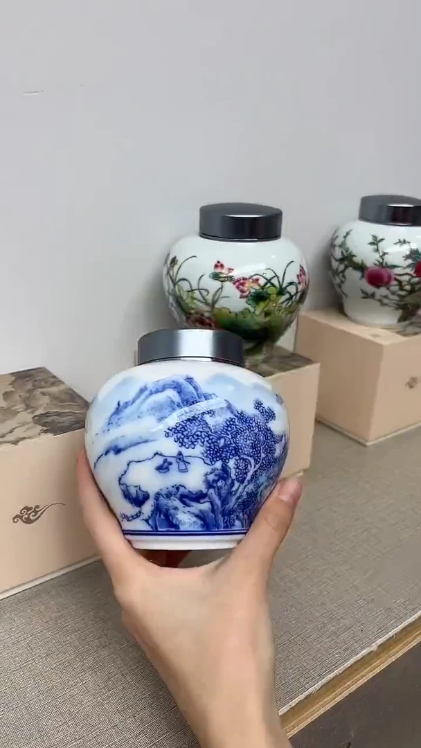 景德镇高温瓷山水青花茶叶罐