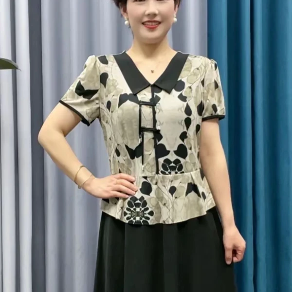 9858-夏季新款中年短袖连衣裙遮肚显洋气女士裙子女【B17-2-1]