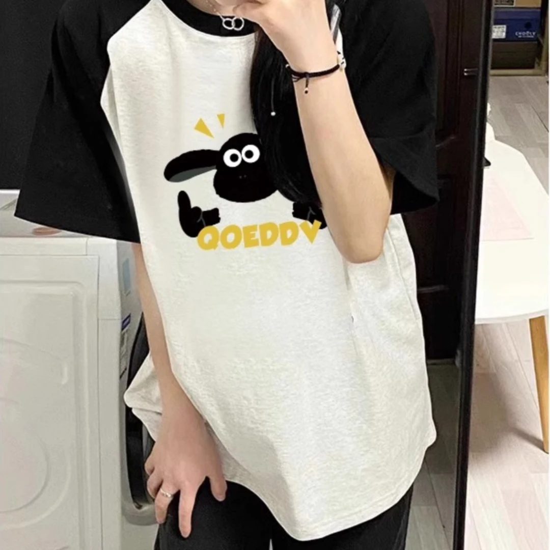 撞色大码T恤女oversize高级感插肩短袖ins潮闺蜜装洋气减龄上衣夏