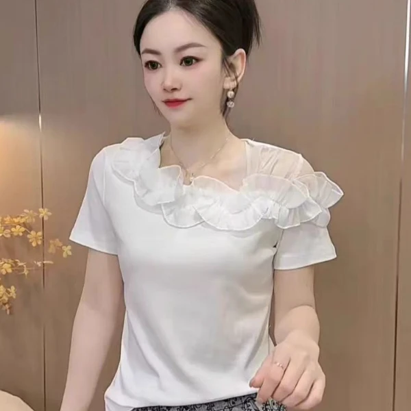 202春游出行衣服百搭斜领显瘦设计感花边木耳边短袖T恤洋气衣服女
