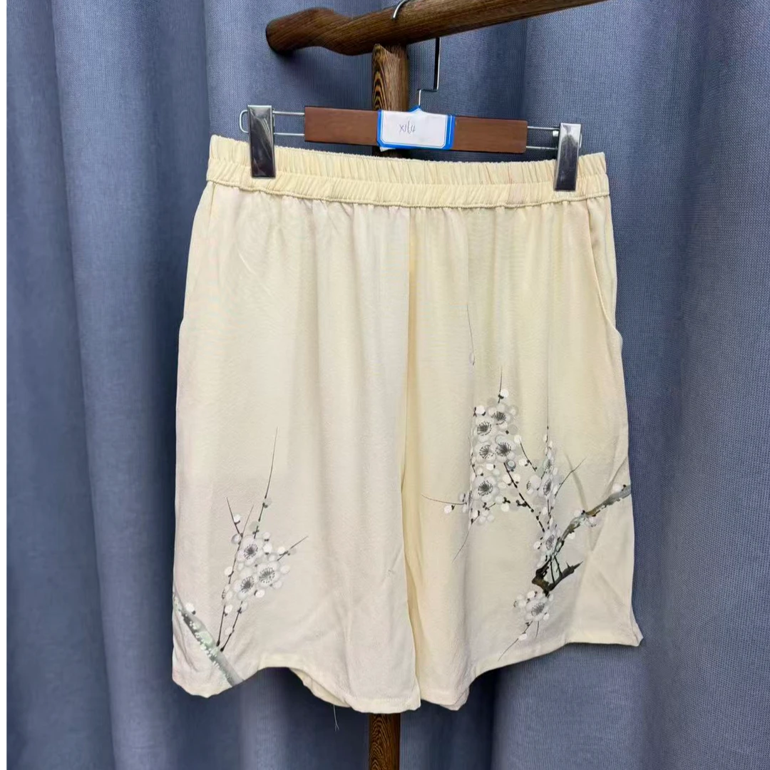 新款简约百搭宽松桑蚕丝直筒短裤女X164