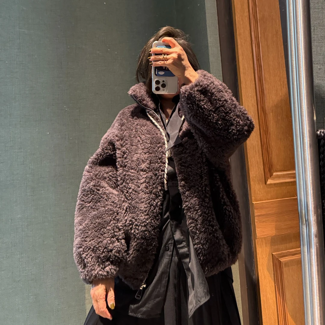 COCOLINDA | 100%羊毛拉链款抽绳咖色外套C2534