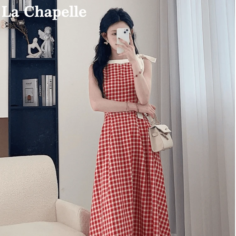 拉夏贝尔/25现货夏新清凉复古法式格子设计感连衣裙 10003 LSC