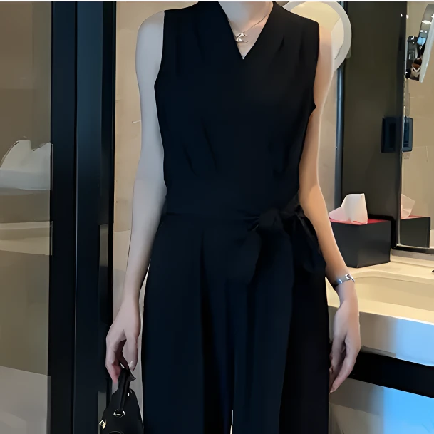 时尚套装女2025夏季新款洋气显瘦设计感绑带短袖上衣连体阔腿裤潮