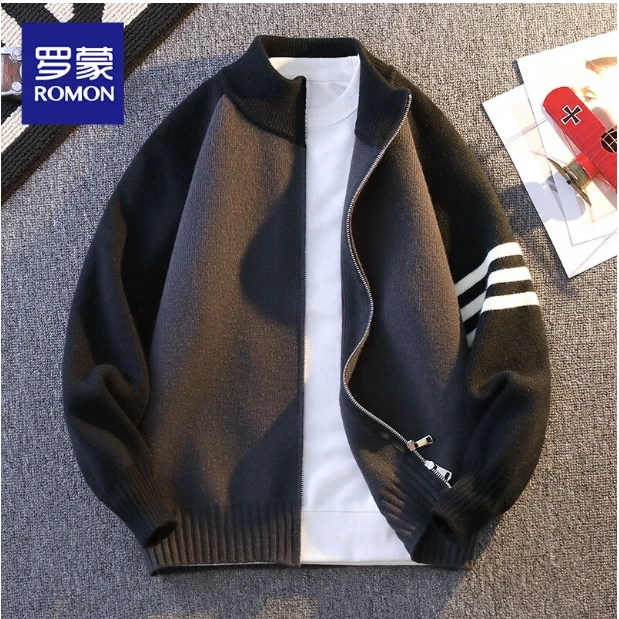 罗蒙2025新款春秋季毛衣高级感拼色上衣条纹休闲针织开衫外套男士