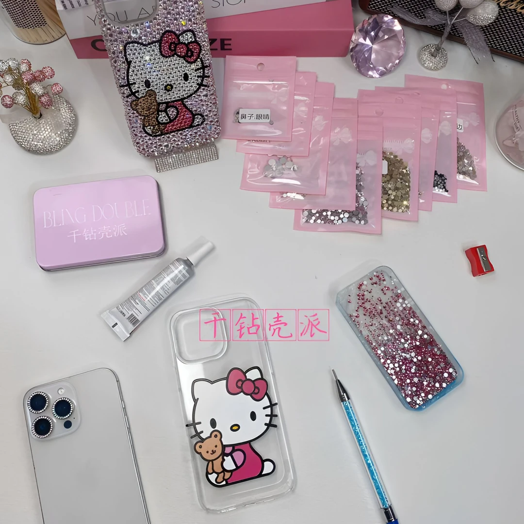【坐姿抱熊Kitty】满钻手机壳diy材料包15适用16promax华为镶钻水钻