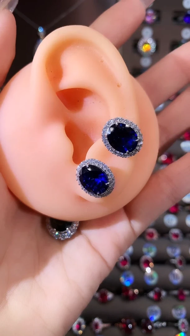 耳饰蓝宝石银S925镶嵌810银
