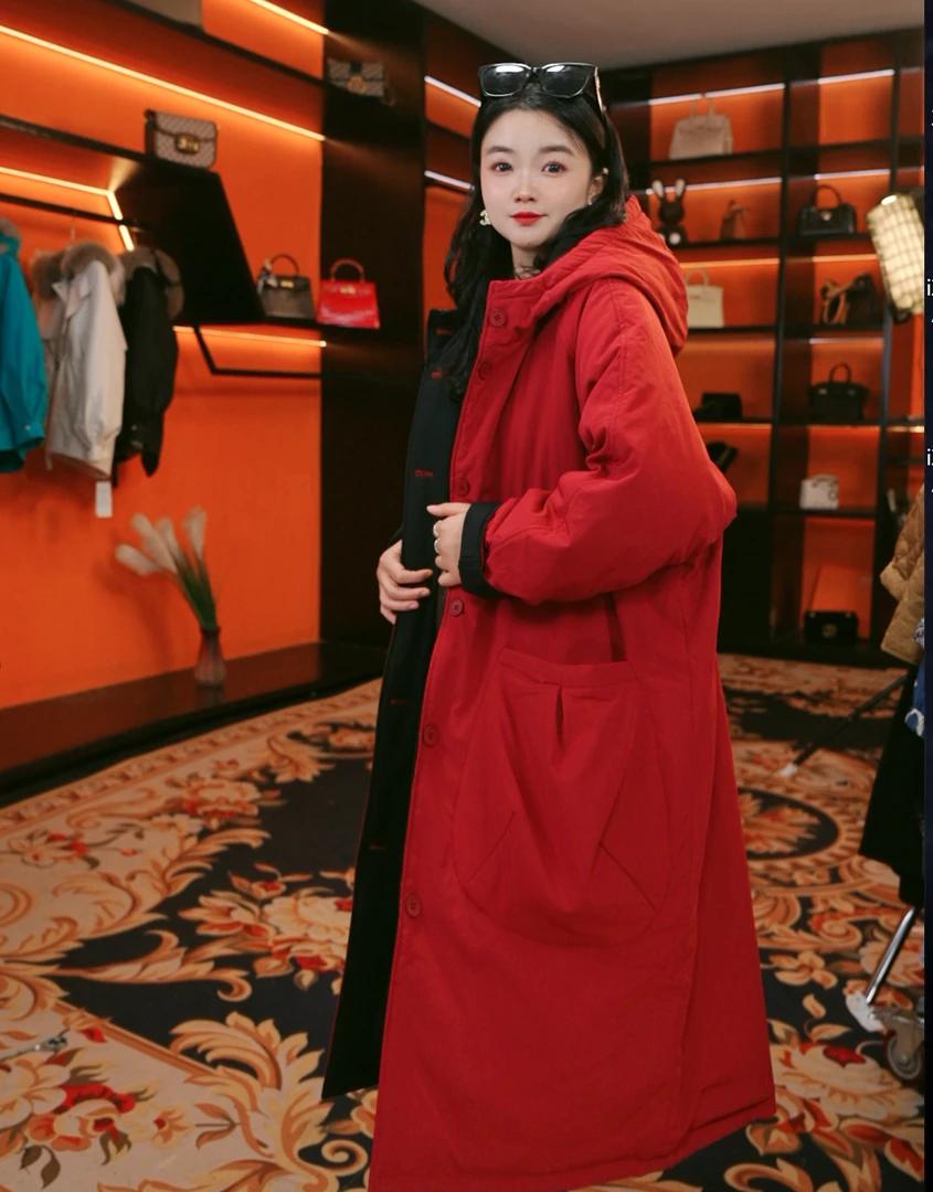 连帽中长款常规袖秋冬季宽松型风衣双面双穿棉服外套女装