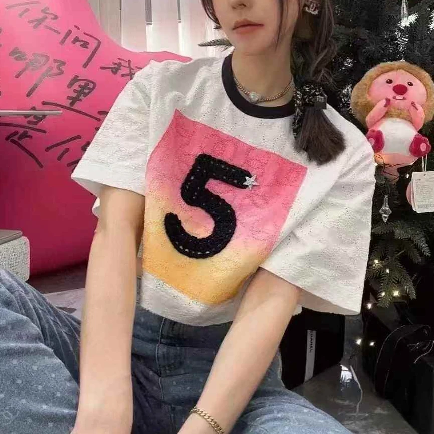 99新 Chanel/香奈儿 42/44码24C粉橘数字5拼白色双C镂空短袖上衣