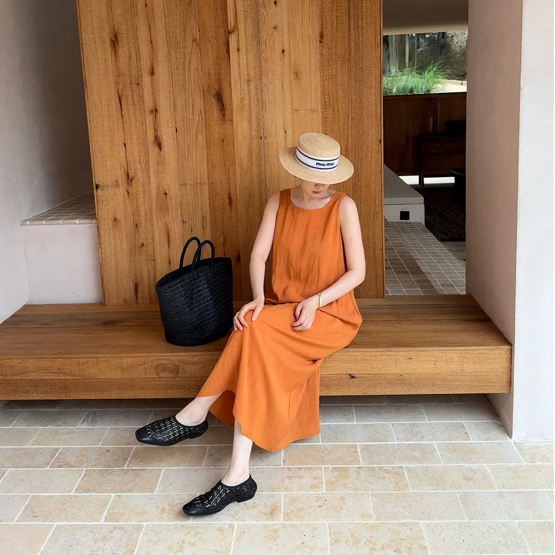 widelia陈姬儿韩系老钱风橘色亚麻连衣裙宽松长款无袖背心裙7376