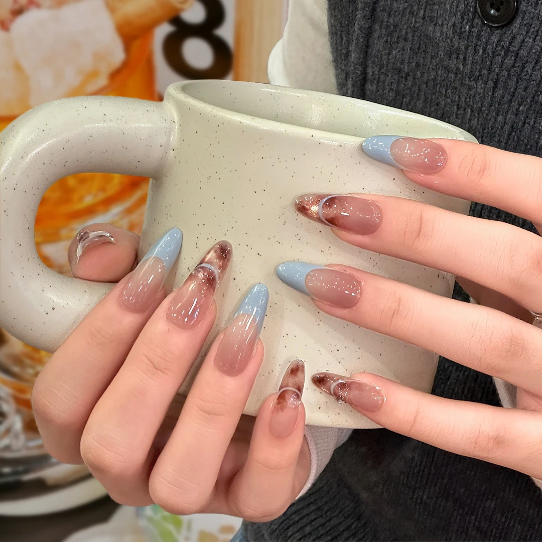 【琉璃蓝镜】手工高品质穿戴甲拆卸秋冬中长款新款猫眼美甲穿戴甲片