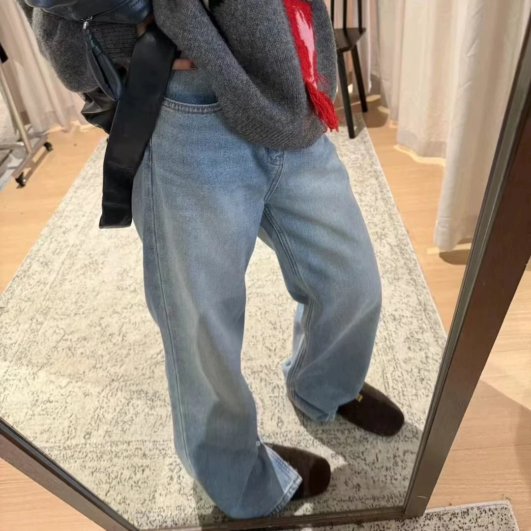 루루가− （筷子腿）韩国东大门蓝色直筒筷子腿长裤高腰测开叉春款女