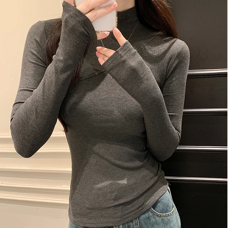 磨毛薄绒半高领打底衫女内搭可外穿秋冬洋气保暖上衣纯色长袖t恤