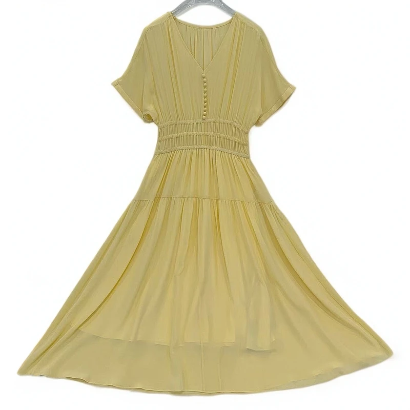 妍姐2025设计师春夏气质收腰大摆真丝轻奢百搭长裙 亮黄色 25046