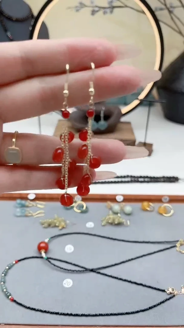 银S925镶嵌耳饰玛瑙/玉髓1算盘珠红