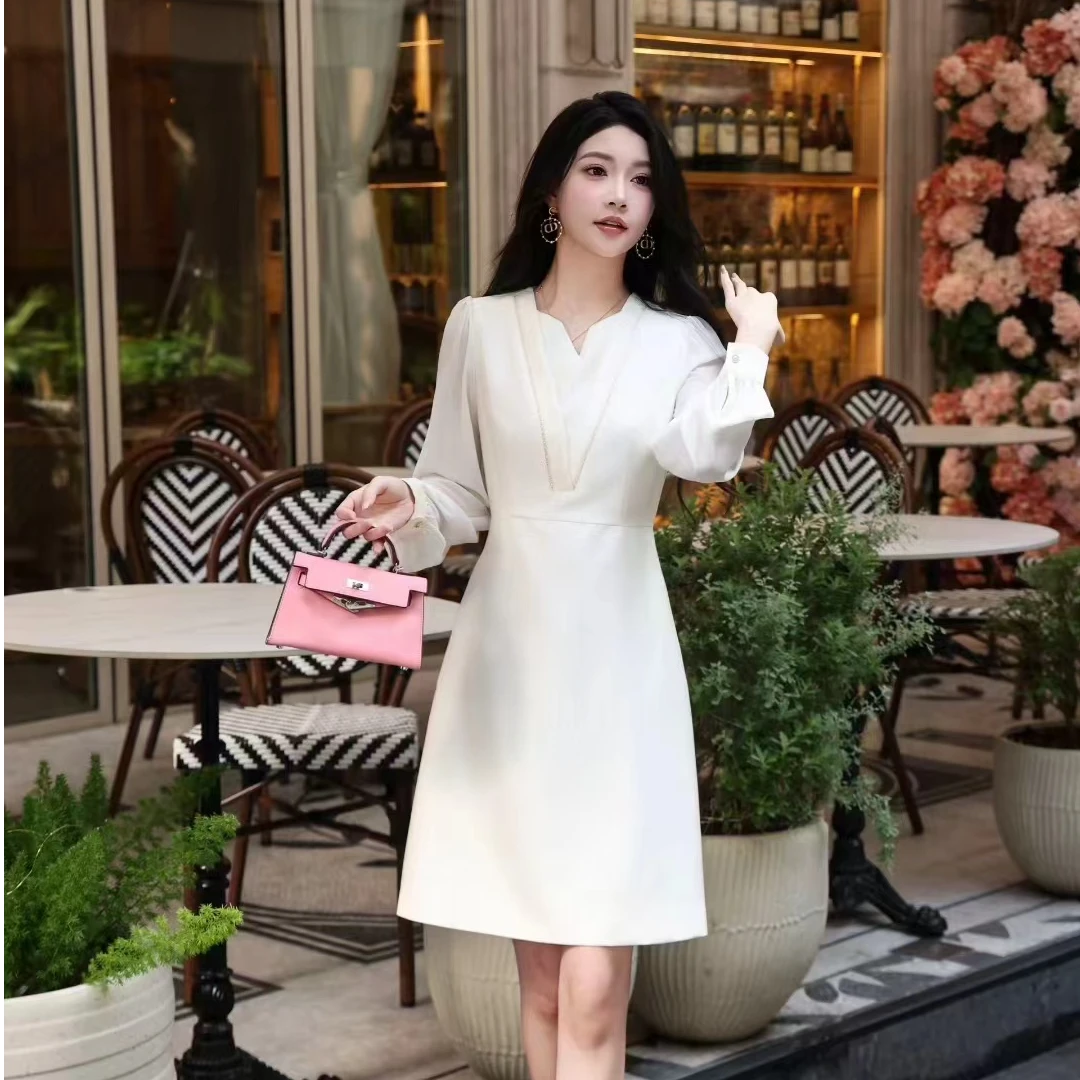 温婉动人 名媛气质精致层叠小V领重工钉珠拼接透明袖收腰裙9085