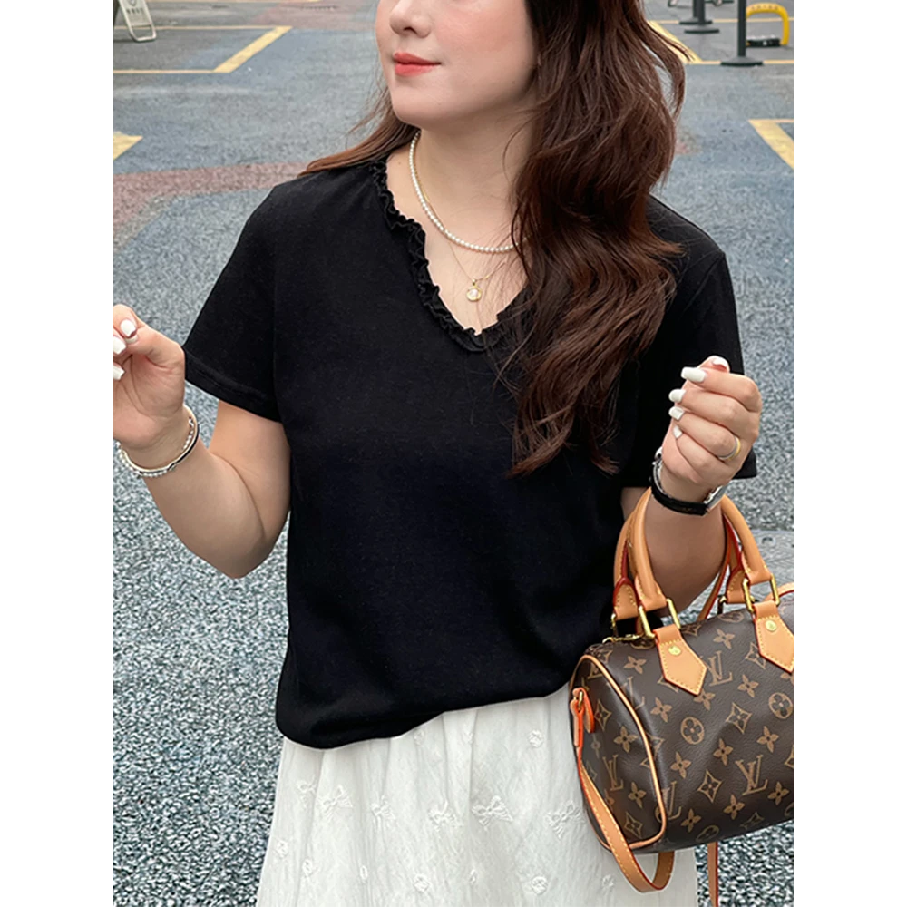 时尚穿搭2025小个子韩系木耳边V领设计感时尚显瘦短袖T休闲上衣