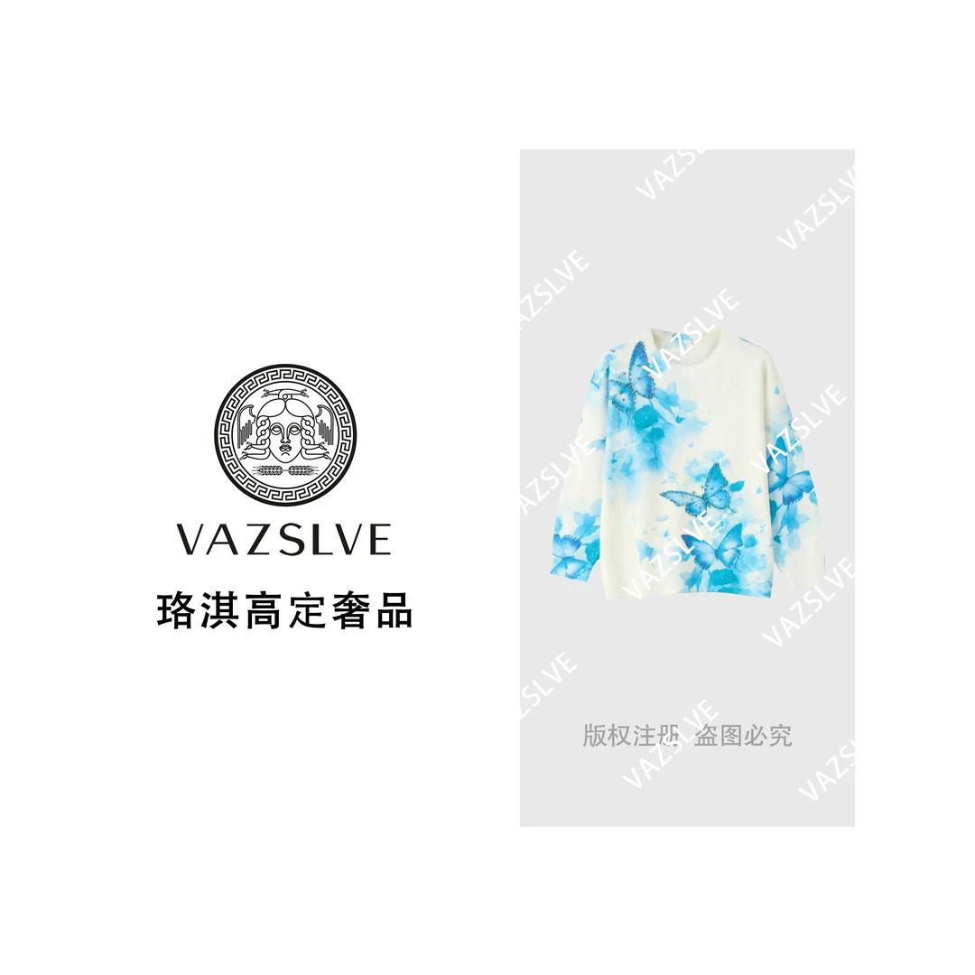 【VAZSLVE/珞淇高定】羊毛梦幻感蓝蝴蝶烫钻针织毛衣msl788