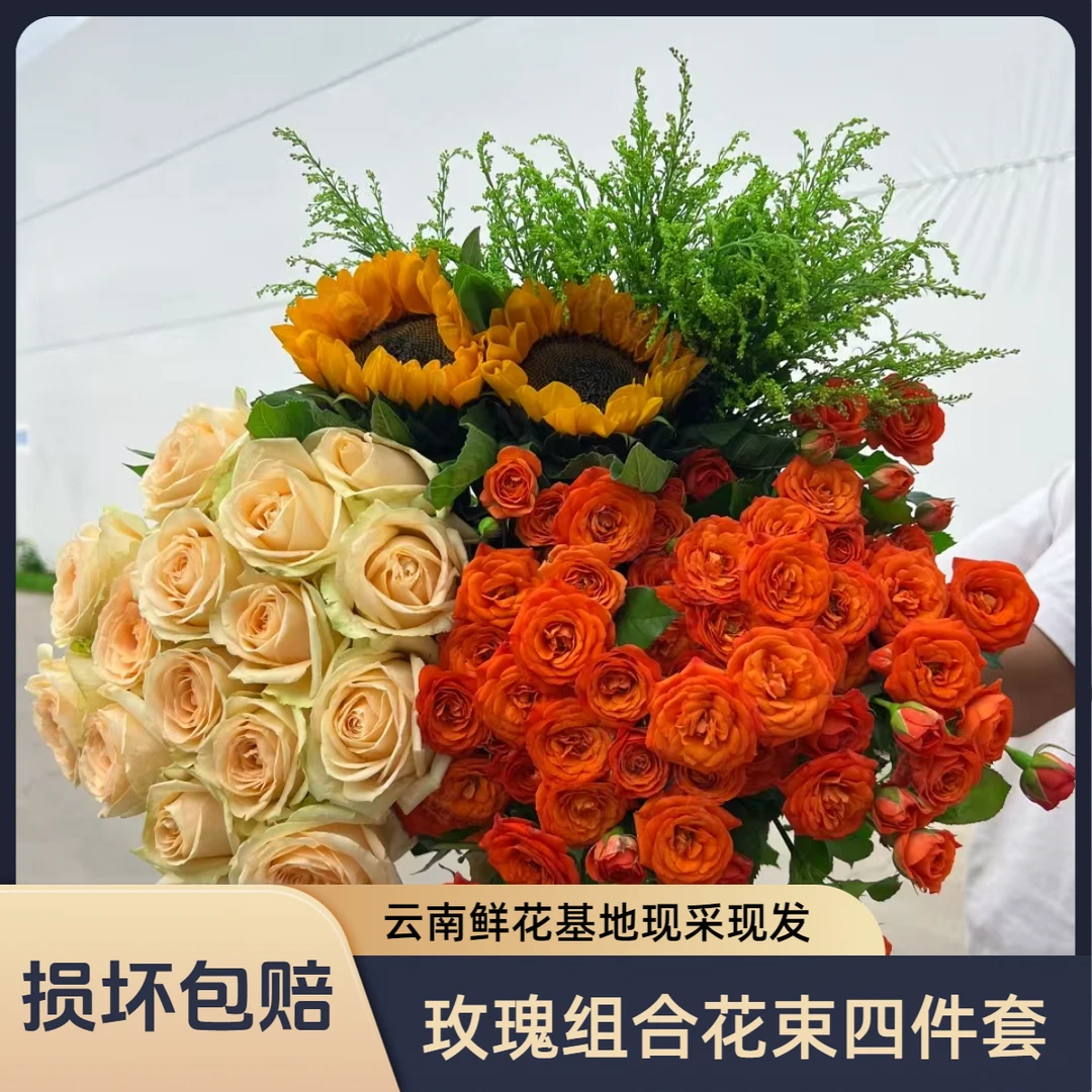 【香槟10支+橙芭比10支+向日葵2支+黄莺】鲜花两单升级顺丰送货上门