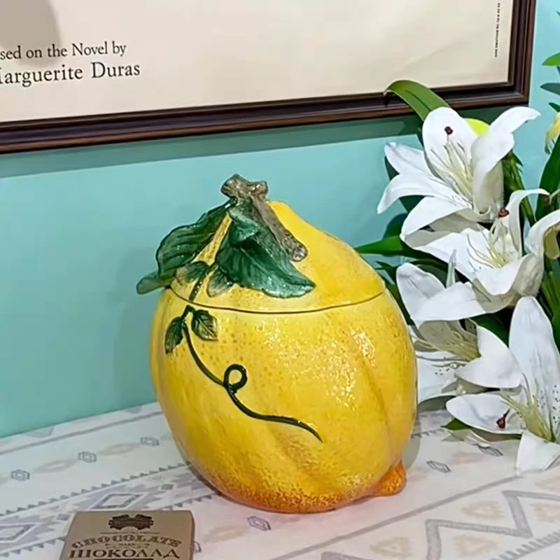 陶瓷柠檬密封罐饼干罐点心储物罐仿真水果茶点盒家居装饰送乔迁