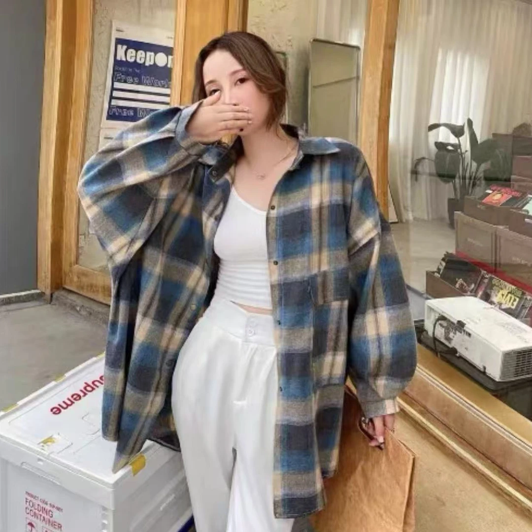 2025爆款大码韩版复古磨毛棉宽松长袖衬衫上衣外套