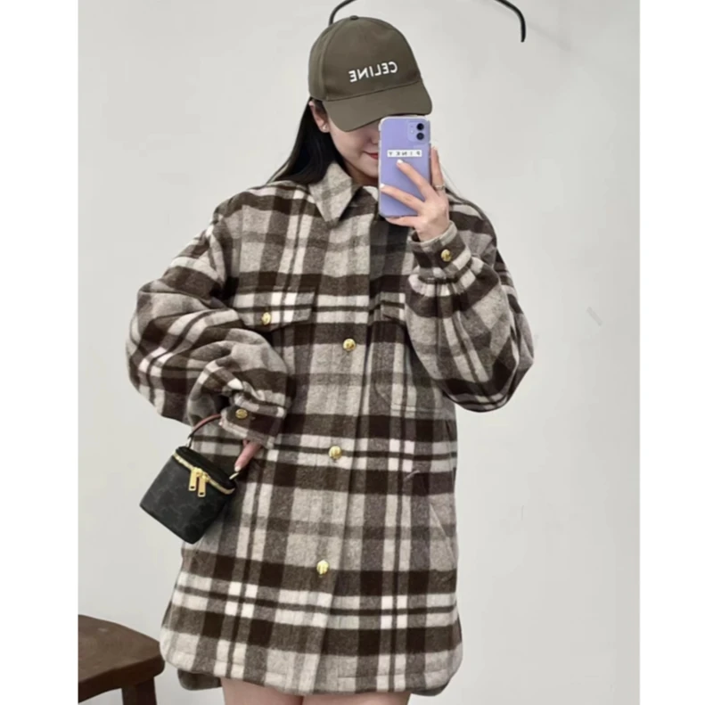 未使用 Celine/思琳 汤/P235603756/格子凯旋门金扣毛呢棉袄外套