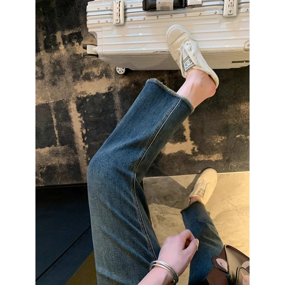 2025秋季新款高腰显瘦直筒裤小个子毛边窄版法棍裤弹力九分牛仔裤