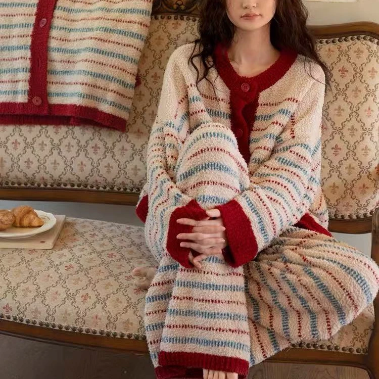 女士秋冬同城条纹睡衣家居服套装