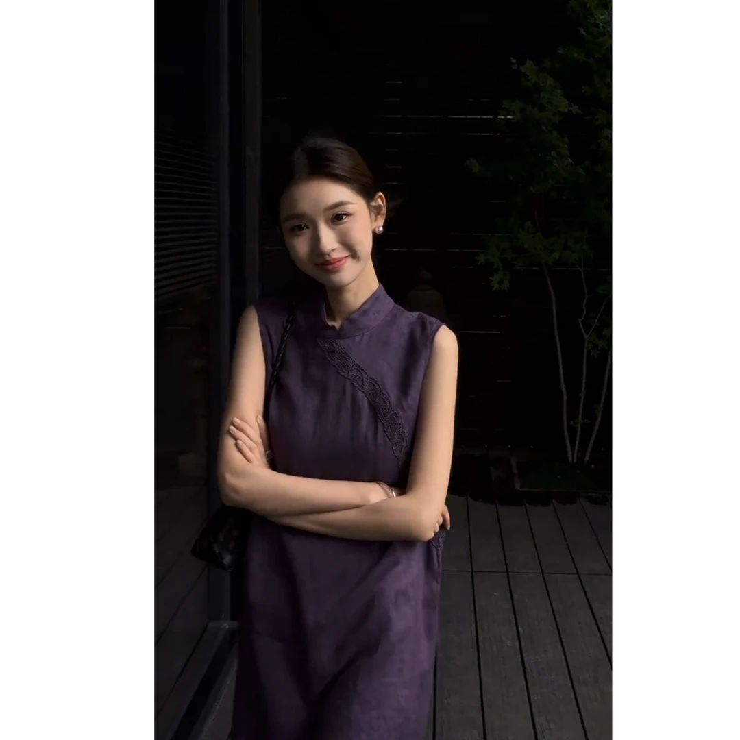 2025新款新中式立领盘旗袍长裙国风开叉无袖背心连衣裙女夏