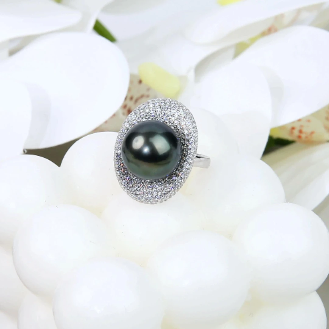 【云端】925银锆石闪闪星河重工弧形大溪地黑珍珠戒指12-13mm秋冬